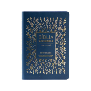 Bíblia azul-escura, com detalhes dourados e letra grande.